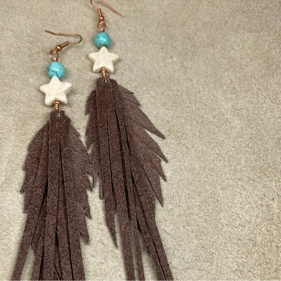Howlite Gemstone And Turquoise Genuine Brown Leather Fringe Earrings - Picture 7 of 15